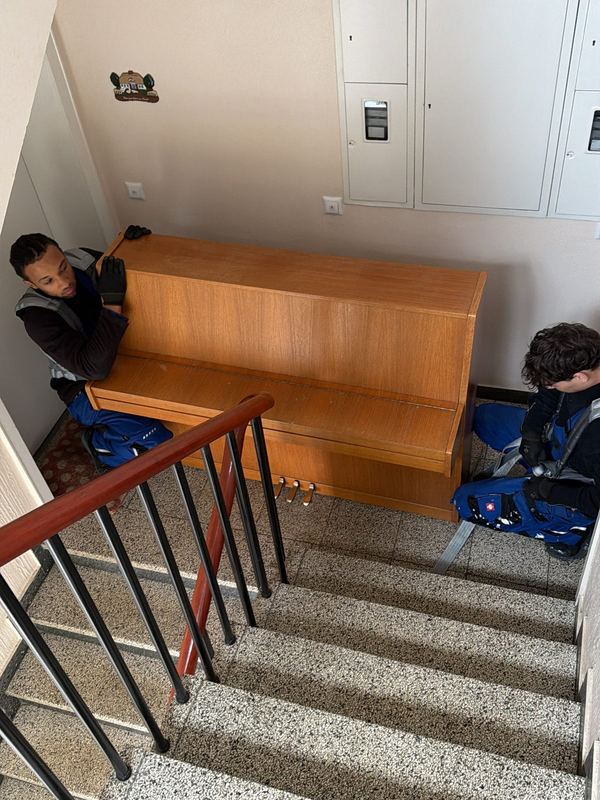 Mit Tragegurten bringen zwei Mitarbeiter ein Klavier die Treppe hinunter