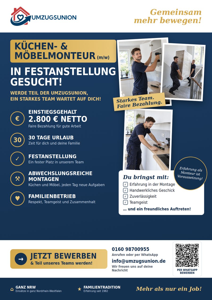 Flyer der Umzugsunion mit Fotos von Monteuren bei der Küchenmontage und den Vorteilen der Stelle als Küchen- und Möbelmonteur